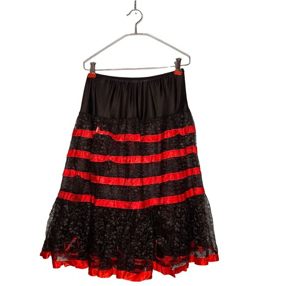 Vintage 50s Size Small Black Lace Can Can Crinoline Half Slip Womens Red Ribbon - Picture 2 of 8